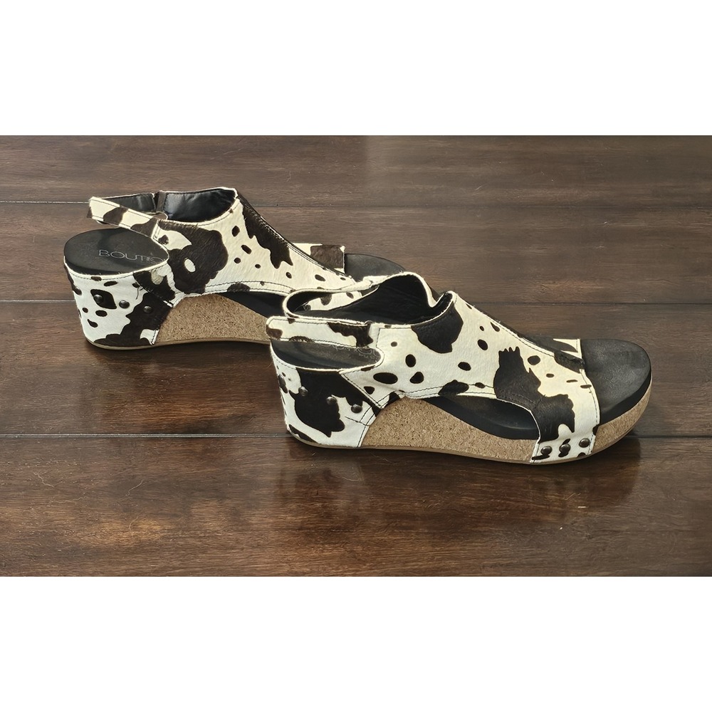 Boutique By Corkys Cow Print Leather Platform Wedge Sandals Size 10 Calf Hair